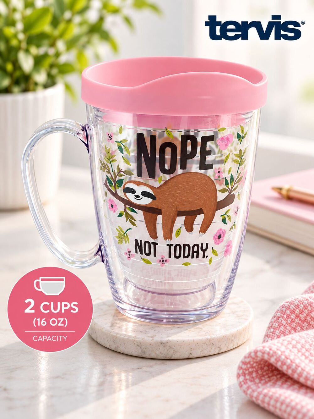 Tervis Sloth "Nope Not Today" Mug 16 oz/2 Cups Pink Lid Clear Insulated Tumbler
